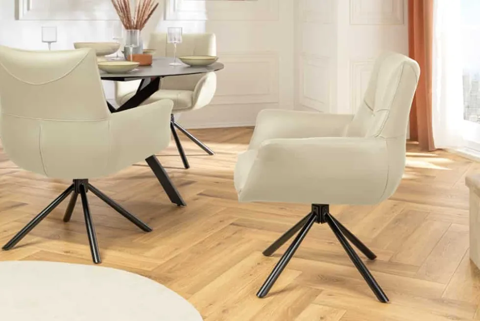 Drehbarer Design Stuhl SIGNATURE beige Echtleder 360° Taschenfederkern schwarz Metall