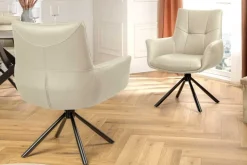 Drehbarer Design Stuhl SIGNATURE beige Echtleder 360° Taschenfederkern schwarz Metall
