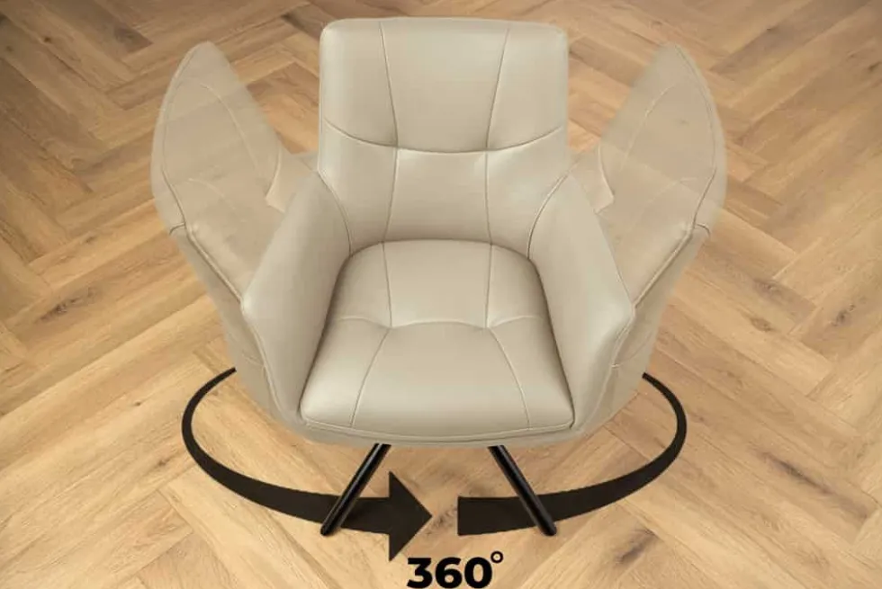 Drehbarer Design Stuhl SIGNATURE beige Echtleder 360° Taschenfederkern schwarz Metall