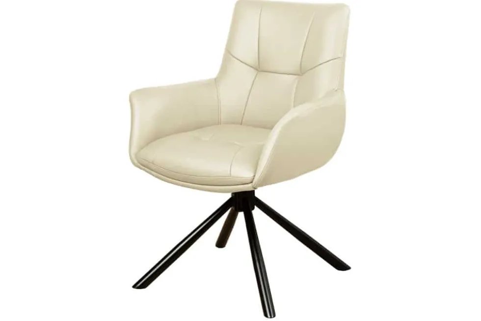 Drehbarer Design Stuhl SIGNATURE beige Echtleder 360° Taschenfederkern schwarz Metall