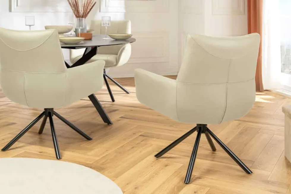 Drehbarer Design Stuhl SIGNATURE beige Echtleder 360° Taschenfederkern schwarz Metall