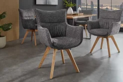 Drehbarer Design Stuhl VOGUE anthrazit natur Strukturstoff Eichenholz 360° mit Armlehne