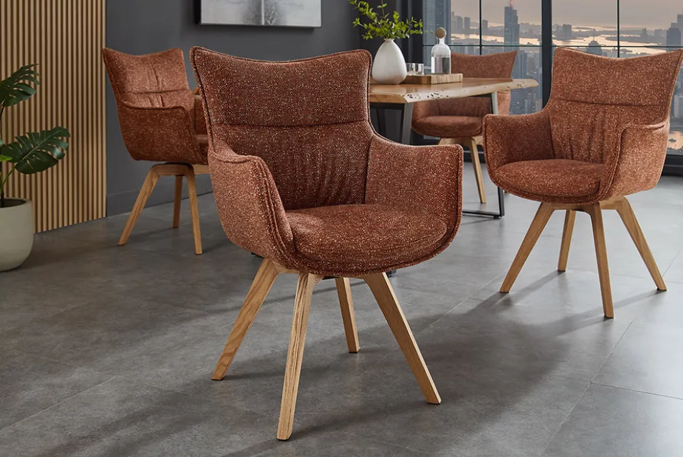 Drehbarer Design Stuhl VOGUE rost braun natur Strukturstoff Eichenholz 360° mit Armlehne