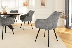 Drehbarer Retro Stuhl AVIGNON grau Chenille schwarze Metallbeine