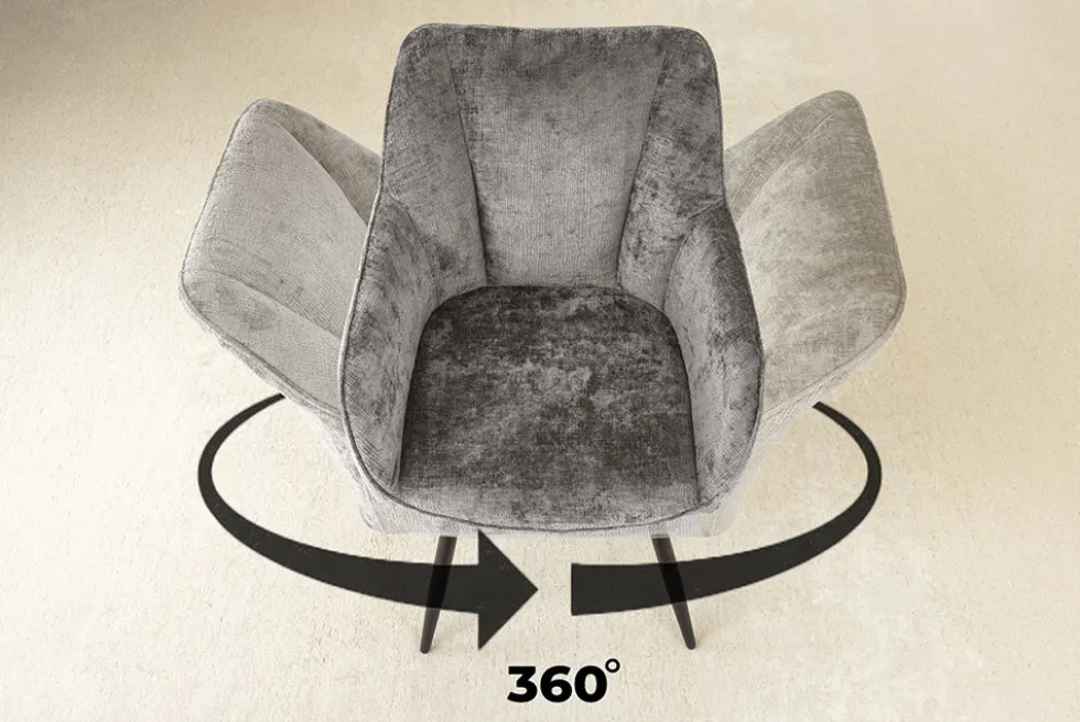 Drehbarer Retro Stuhl AVIGNON grau Chenille schwarze Metallbeine