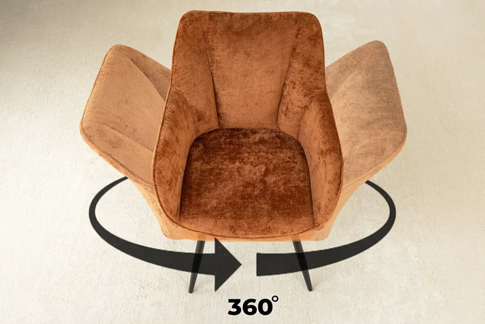 Drehbarer Retro Stuhl AVIGNON rost braun Chenille schwarze Metallbeine