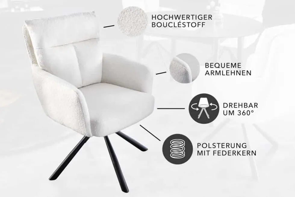 Drehbarer Retro Stuhl BIG GEORGE weiß Bouclé mit Armlehne Taschenfederkern