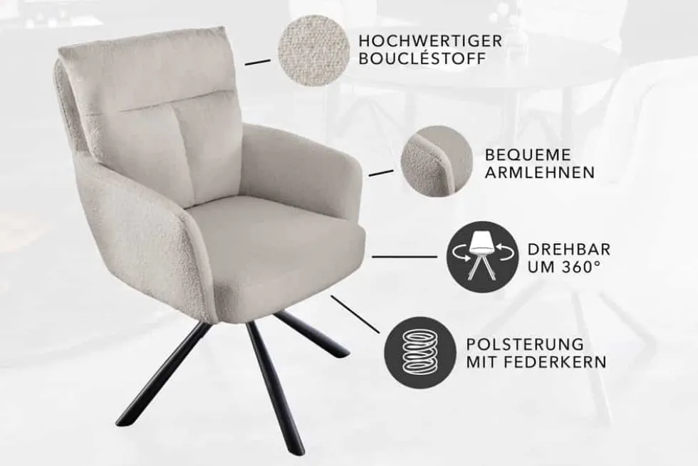Drehbarer Retro Stuhl BIG GEORGE greige Bouclé Armlehnen Taschenfederkern