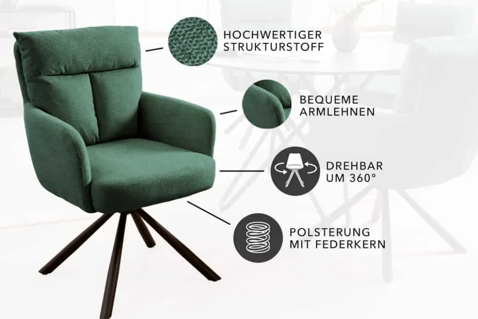 Drehbarer Retro Stuhl BIG GEORGE grün mit Armlehnen und Taschenfederkernpolsterung