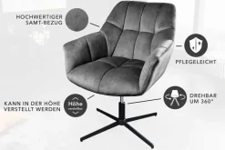 Drehbarer Sessel PAPILLON grau Samt schwarz Metall höhenverstellbar mit Armlehne