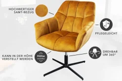 Drehbarer Sessel PAPILLON senfgelb Samt schwarz Metall höhenverstellbar mit Armlehne
