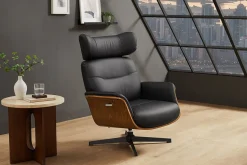 Drehbarer Sessel VOGUE COMFORT schwarz Kunstleder braun Walnuss-Design mit Armlehne