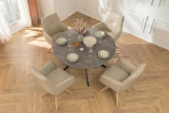 Drehbarer Stuhl ALMARA beige sand Echtleder 360° Taschenfederkern natur Eiche Massivholz