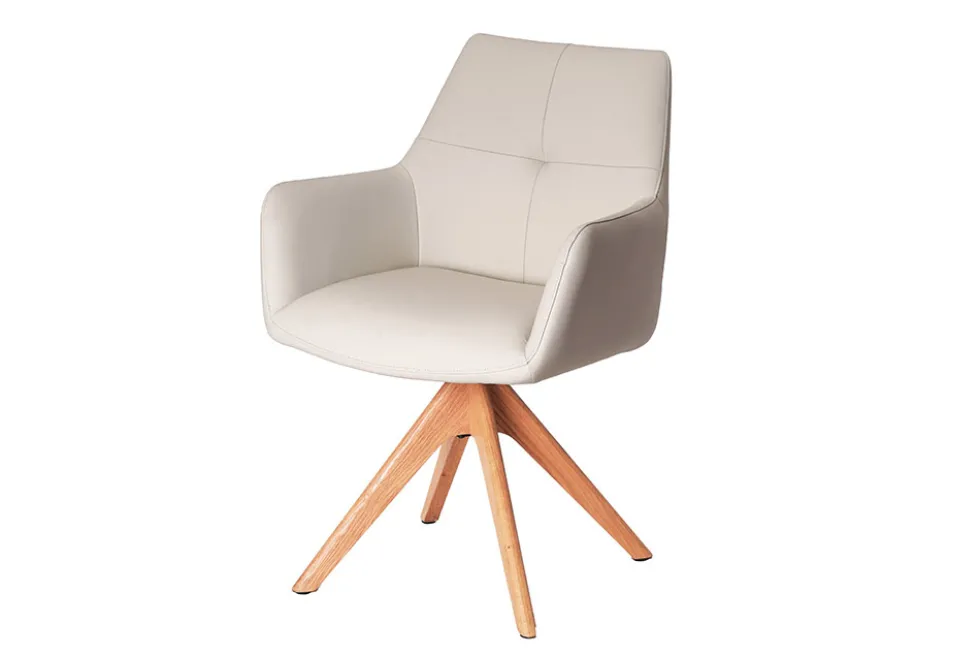 Drehbarer Stuhl ALMARA beige sand Echtleder 360° Taschenfederkern natur Eiche Massivholz