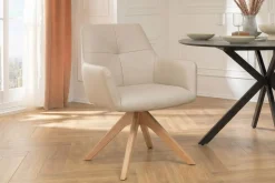 Drehbarer Stuhl ALMARA beige sand Echtleder 360° Taschenfederkern natur Eiche Massivholz