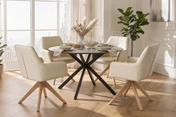 Drehbarer Stuhl ALMARA beige sand Echtleder 360° Taschenfederkern natur Eiche Massivholz