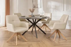 Drehbarer Stuhl ALMARA beige sand Echtleder 360° Taschenfederkern natur Eiche Massivholz
