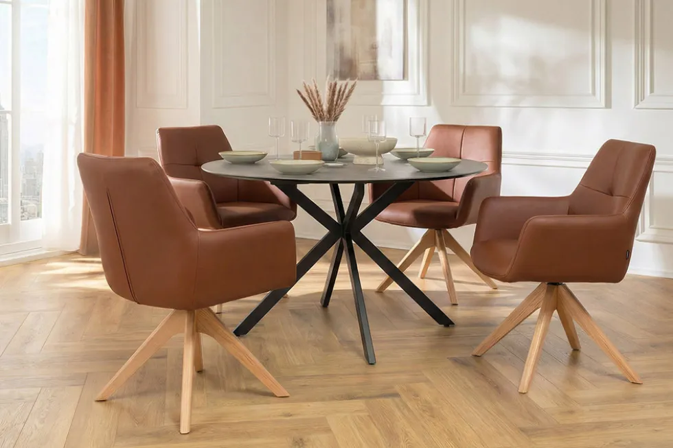 Drehbarer Stuhl ALMARA cognac braun Echtleder 360° Taschenfederkern Eiche Massivholz