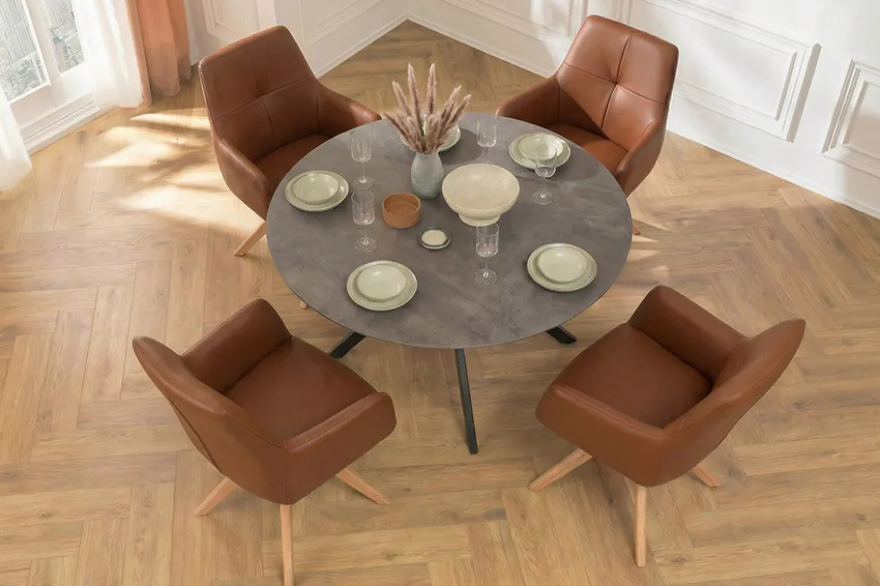 Drehbarer Stuhl ALMARA cognac braun Echtleder 360° Taschenfederkern Eiche Massivholz