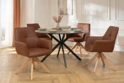 Drehbarer Stuhl ALMARA cognac braun Echtleder 360° Taschenfederkern Eiche Massivholz