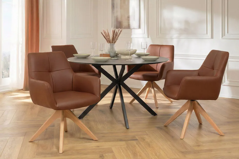 Drehbarer Stuhl ALMARA cognac braun Echtleder 360° Taschenfederkern Eiche Massivholz