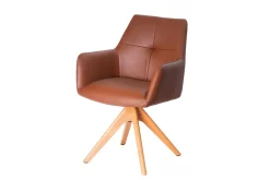 Drehbarer Stuhl ALMARA cognac braun Echtleder 360° Taschenfederkern Eiche Massivholz