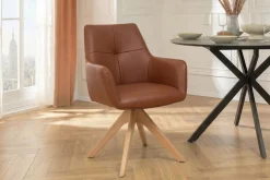 Drehbarer Stuhl ALMARA cognac braun Echtleder 360° Taschenfederkern Eiche Massivholz