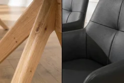 Drehbarer Stuhl ALMARA schwarz Echtleder 360° Taschenfederkern natur Eiche Massivholz