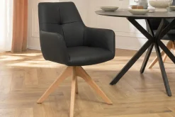 Drehbarer Stuhl ALMARA schwarz Echtleder 360° Taschenfederkern natur Eiche Massivholz