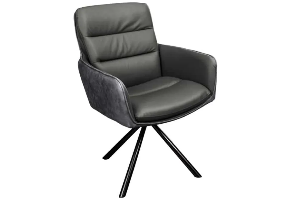 Drehbarer Stuhl BIG GEORGE grau Echtleder Microfaser mit Armlehne schwarze Metallbeine
