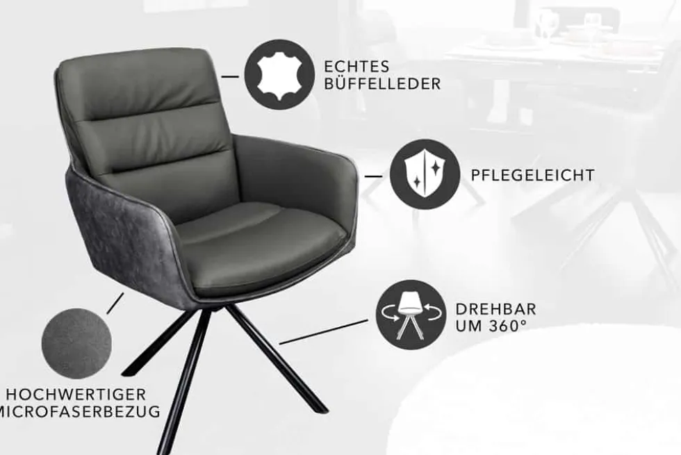 Drehbarer Stuhl BIG GEORGE grau Echtleder Microfaser mit Armlehne schwarze Metallbeine