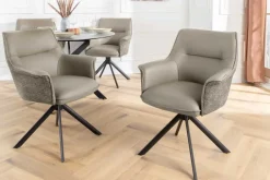 Drehbarer Stuhl LE GRAND taupe Echtleder Strukturstoff schwarzes Metallgestell