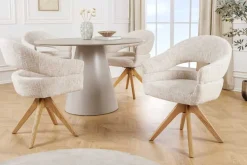 Drehbarer Stuhl ORGANIKO beige Chenillestoff Holzgestell Eiche mit Armlehne