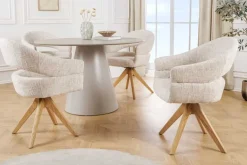 Drehbarer Stuhl ORGANIKO beige Chenillestoff Holzgestell Eiche mit Armlehne