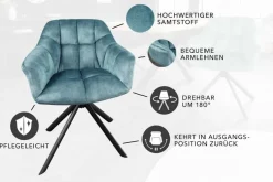 Drehbarer Stuhl PAPILLON petrol Samt schwarze Metallbeine Armlehnen