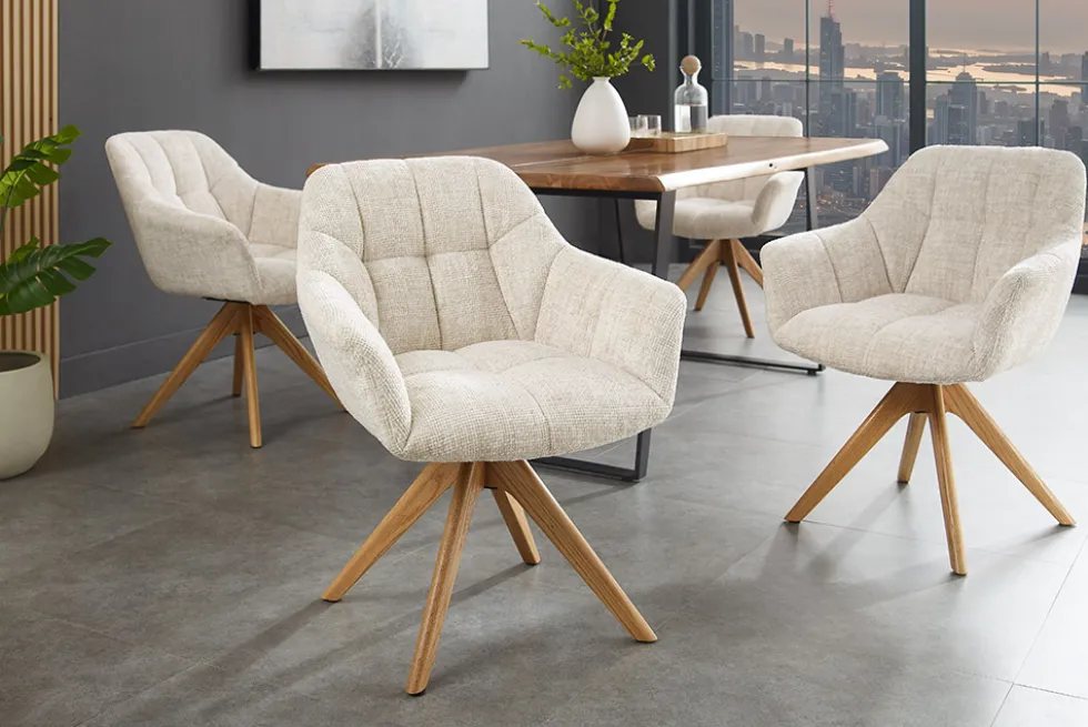 Drehbarer Stuhl PAPILLON champagner beige Chenille Cremona Eiche Massivholz