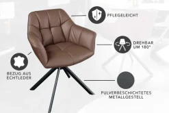 Drehbarer Stuhl PAPILLON brandy braun Echtleder mit Armlehne schwarzes Gestell