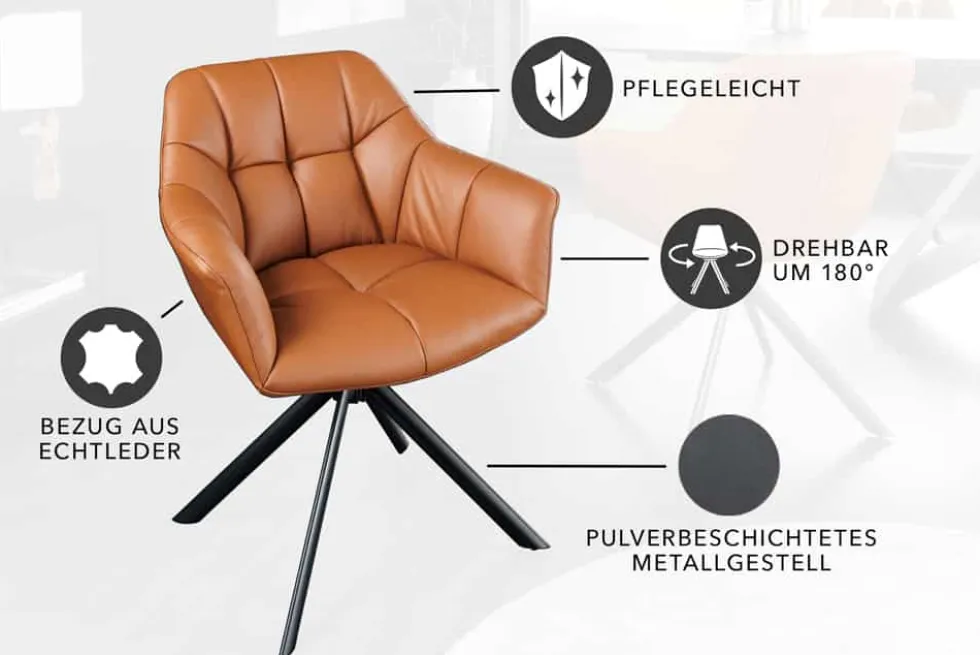 Drehbarer Stuhl PAPILLON cognac Echtleder mit Armlehne schwarzes Gestell