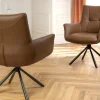 Drehbarer Stuhl SIGNATURE cognac braun Echtleder 360° Taschenfederkern schwarz Metall