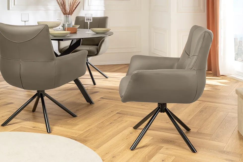 Drehbarer Stuhl SIGNATURE taupe Echtleder 360° mit Taschenfederkern schwarz Metall