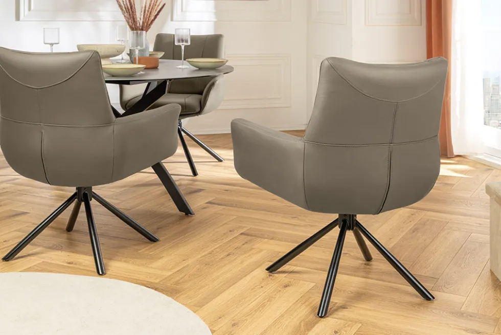 Drehbarer Stuhl SIGNATURE taupe Echtleder 360° mit Taschenfederkern schwarz Metall
