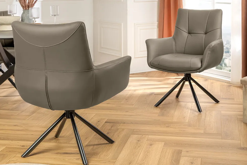 Drehbarer Stuhl SIGNATURE taupe Echtleder 360° mit Taschenfederkern schwarz Metall