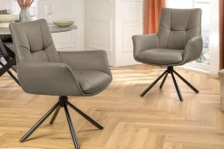 Drehbarer Stuhl SIGNATURE taupe Echtleder 360° mit Taschenfederkern schwarz Metall