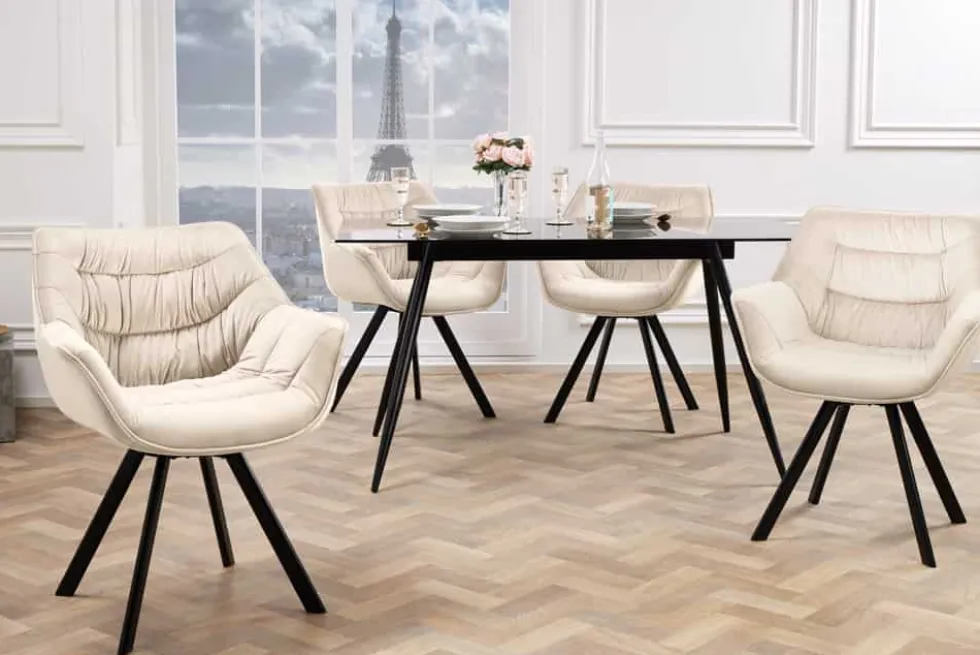 Drehbarer Stuhl THE DUTCH COMFORT champagner beige Samt schwarze Metallbeine