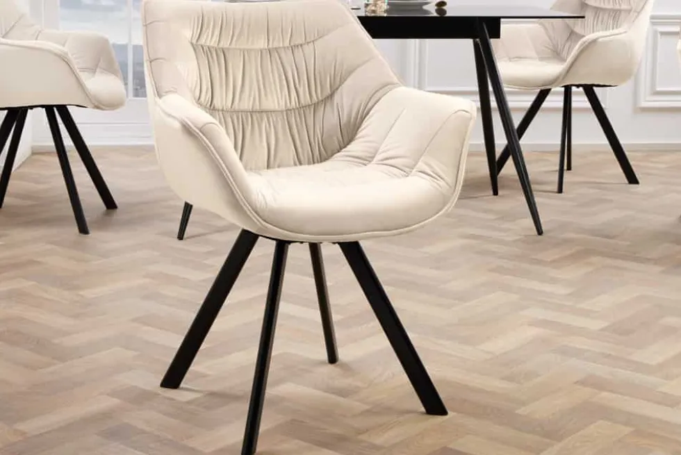Drehbarer Stuhl THE DUTCH COMFORT champagner beige Samt schwarze Metallbeine
