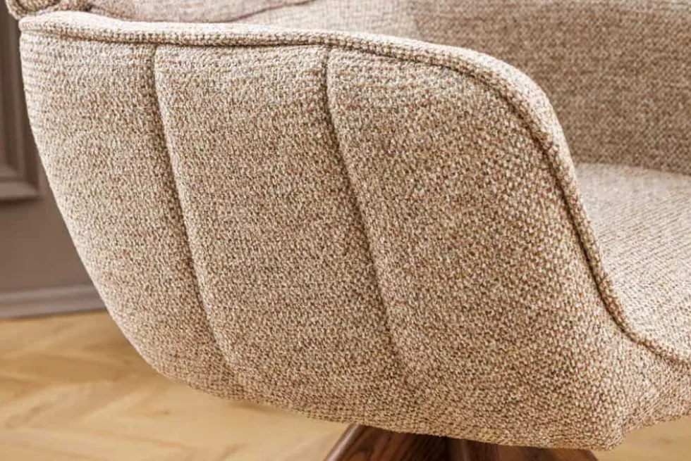 Drehbarer Stuhl UNIQUE taupe beige Strukturstoff Walnussholzbeine mit Armlehne