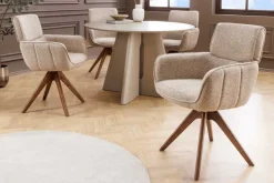 Drehbarer Stuhl UNIQUE taupe beige Strukturstoff Walnussholzbeine mit Armlehne
