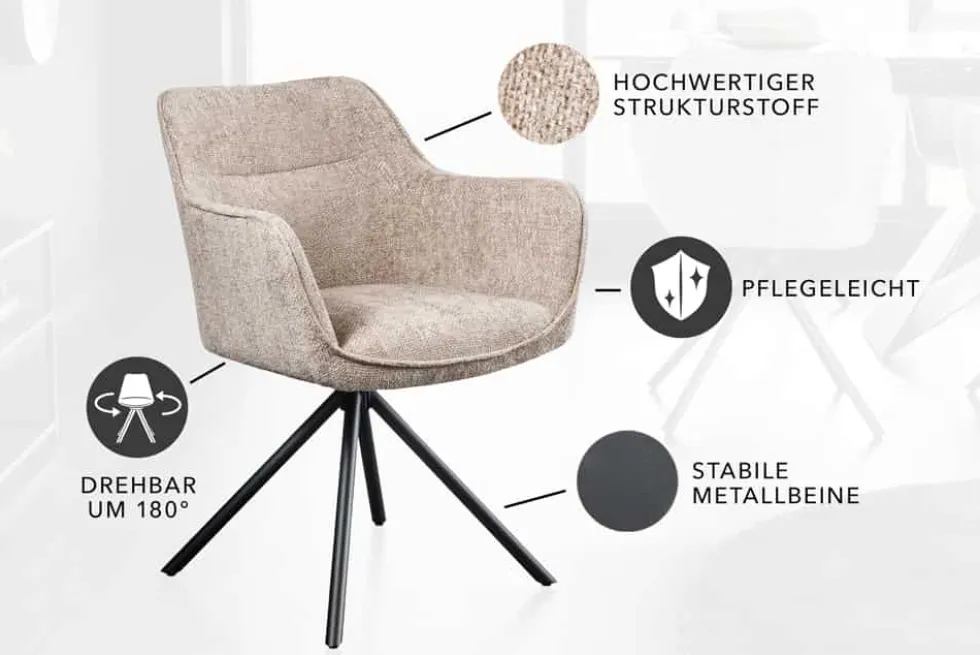Drehbarer Stuhl VERONA champagner beige Strukturstoff mit Armlehne Metallbeine schwarz