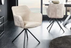 Drehbarer Stuhl VERONA champagner beige Samt Strukturstoff mit Armlehne Metallbeine schwarz