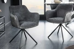 Drehbarer Stuhl VERONA dunkelgrau Samt Strukturstoff mit Armlehne Metallbeine schwarz